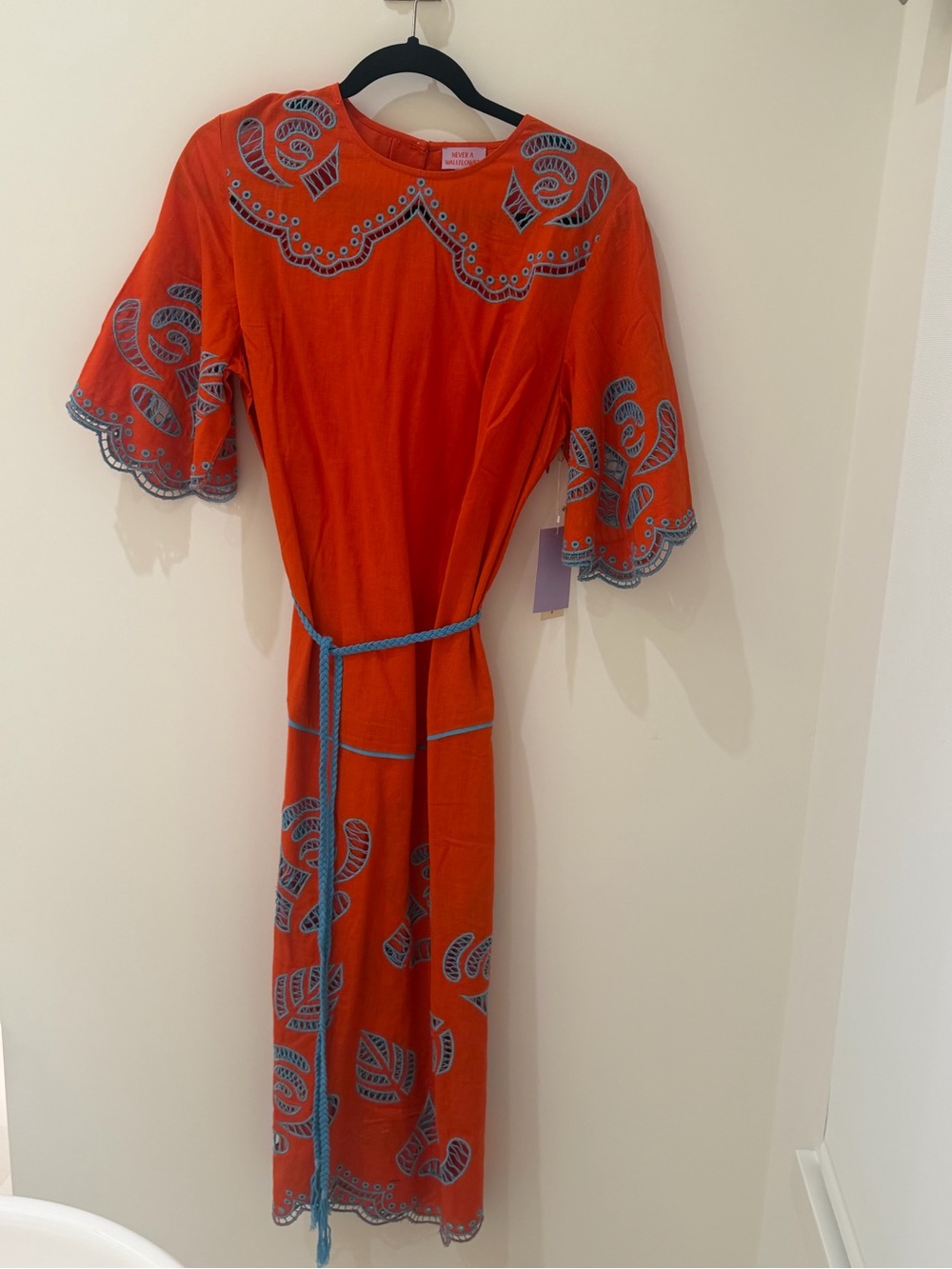 Never a Wallflower linen Embroidered Midi Dress with Blue Trim -